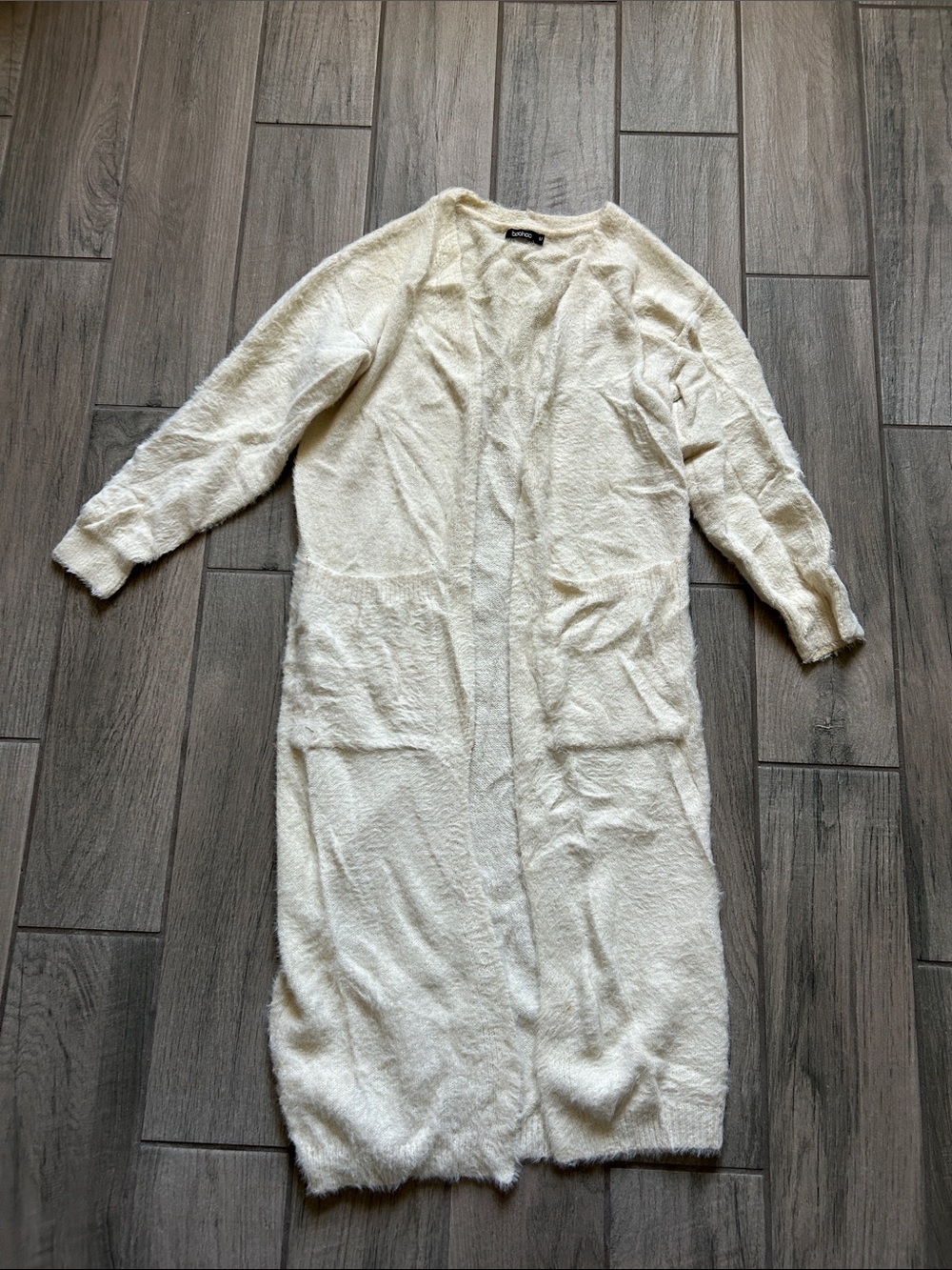 Boohoo Cream Long Open-Front Fuzzy Cardigan